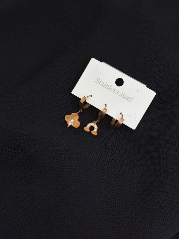 316L Çelik Rose Renk 3lü Küpe