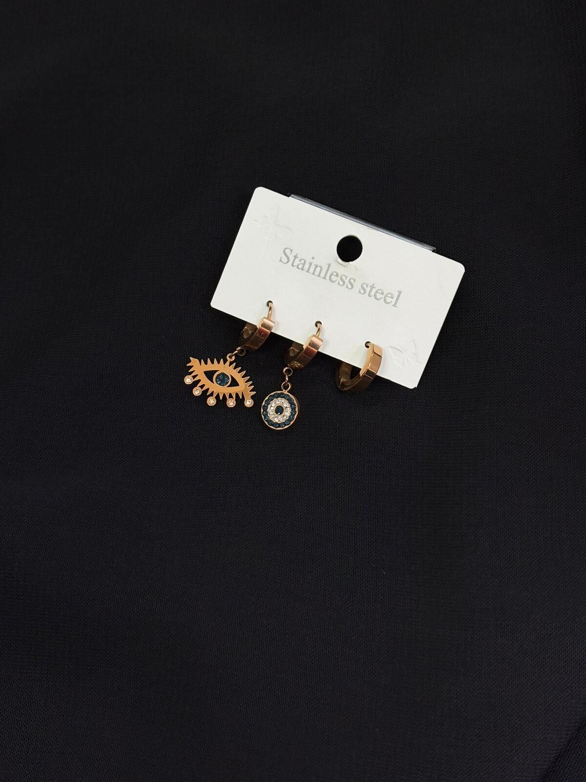 316L Çelik Rose Renk 3lü Küpe