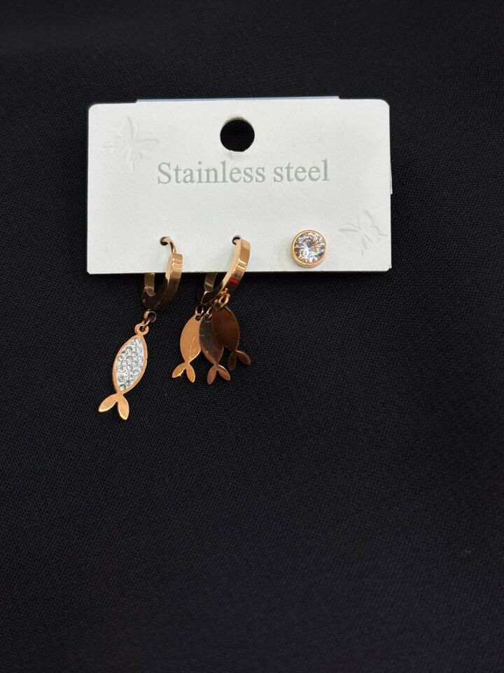 316L Çelik Rose Renk 3lü Küpe