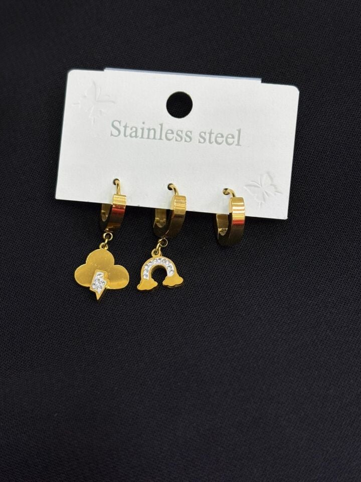 316L Çelik Gold Renk 3lü Küpe