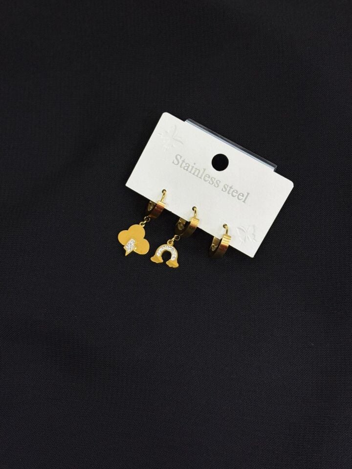 316L Çelik Gold Renk 3lü Küpe