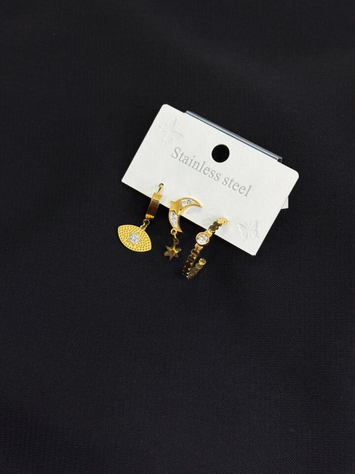 316L Çelik Gold Renk 3lü Küpe