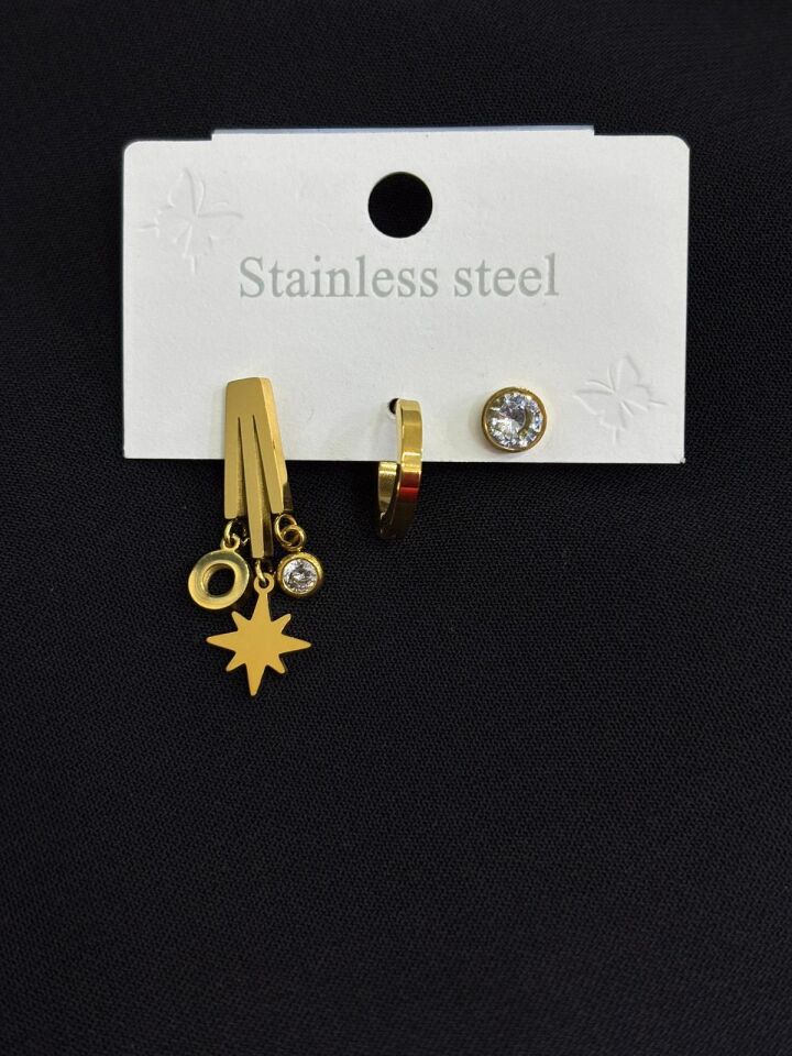 316L Çelik Gold Renk 3lü Küpe