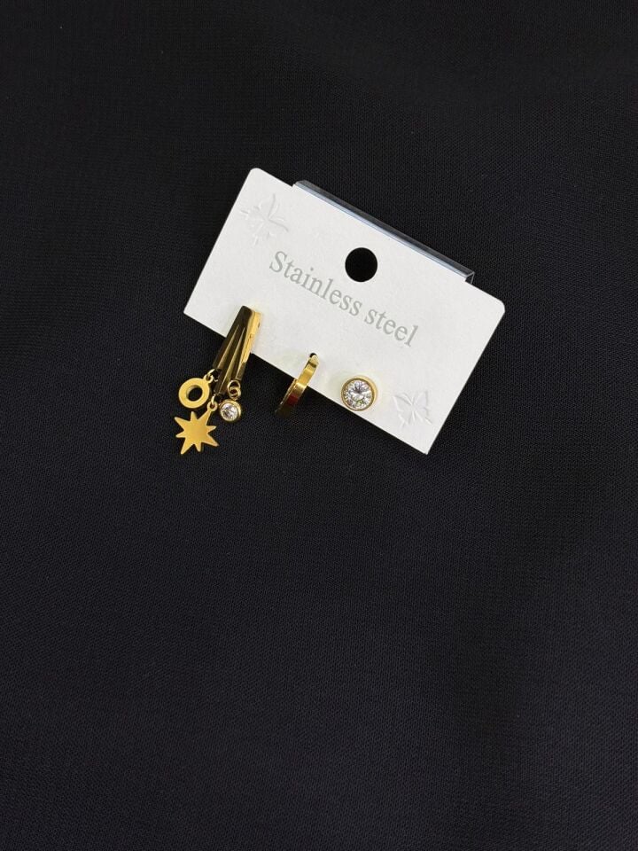 316L Çelik Gold Renk 3lü Küpe