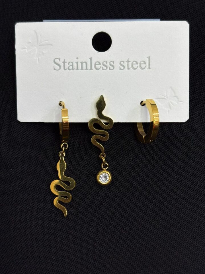 316L Çelik Gold Renk 3lü Küpe