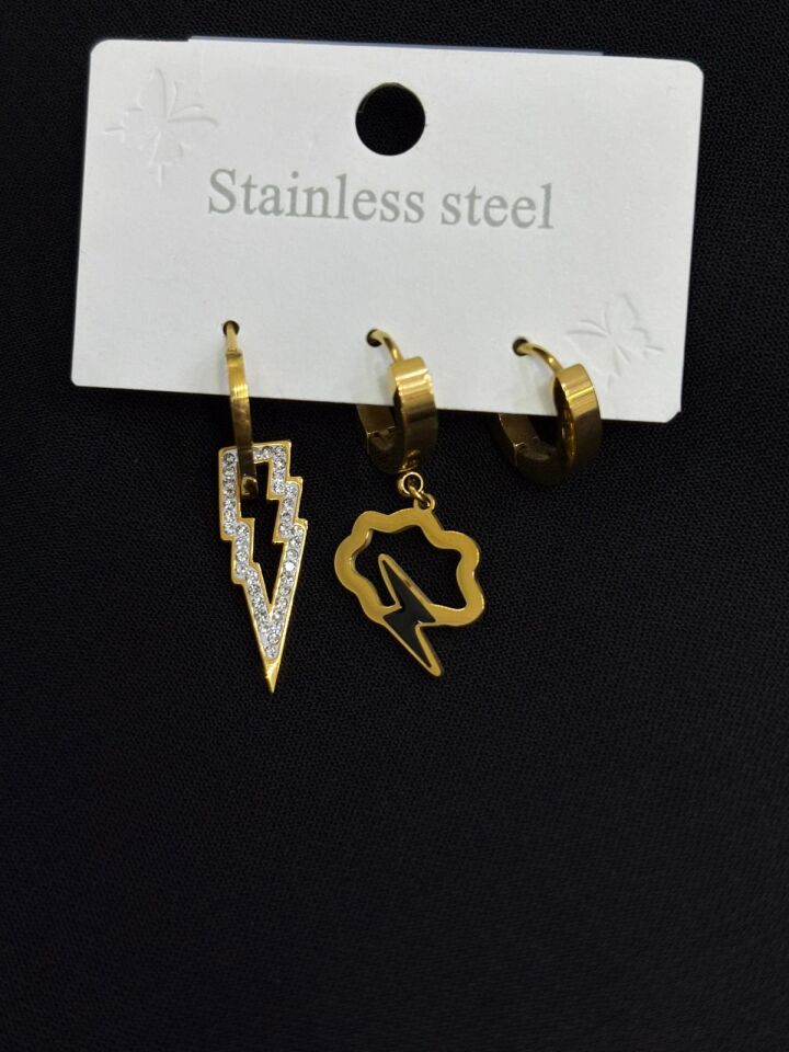 316L Çelik Gold Renk 3lü Küpe