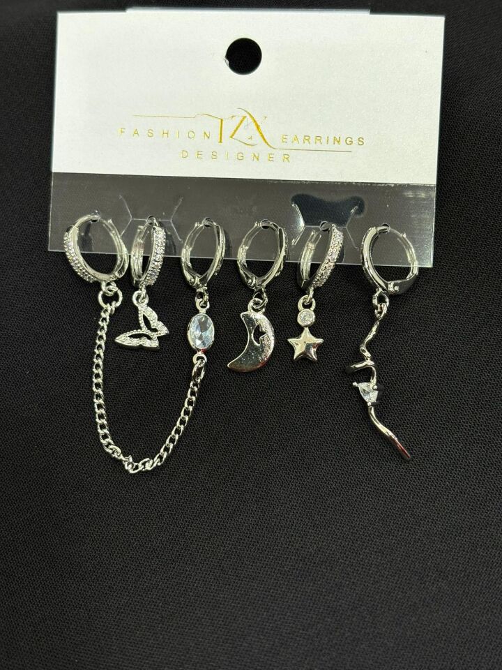 316L Çelik Gümüş Renk 6lı Küpe