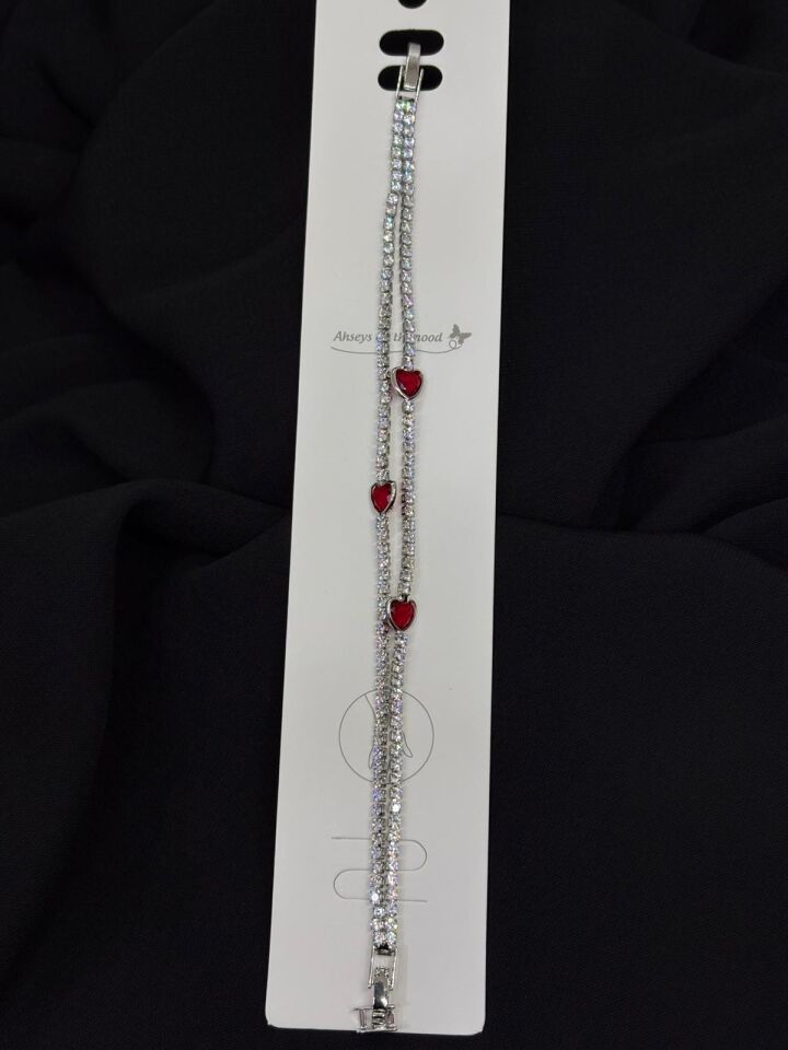 316L Çelik Gümüş Renk Su Yolu Kırmızı Kalp Bileklik