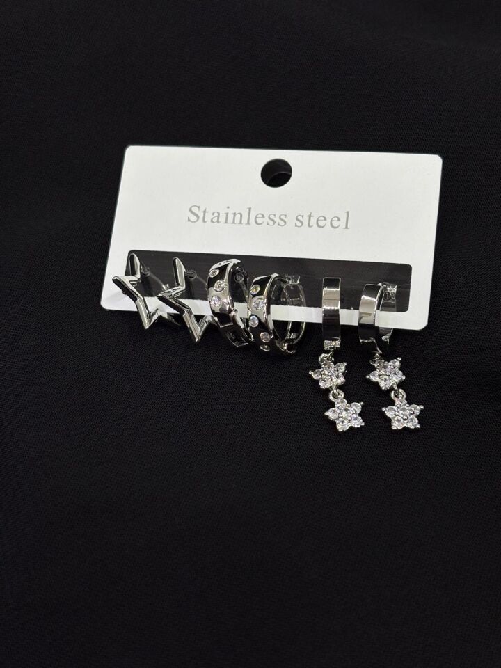 316L Çelik Gümüş Renk 6lı, Set Küpe