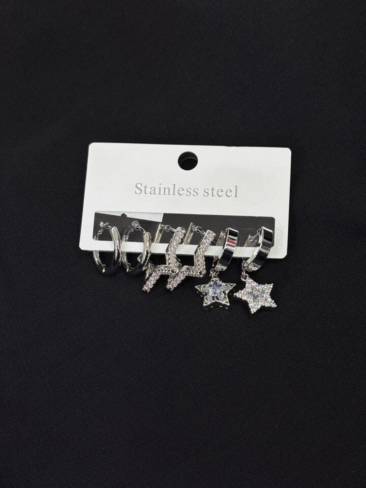 316L Çelik Gümüş Renk 6lı, Set Küpe