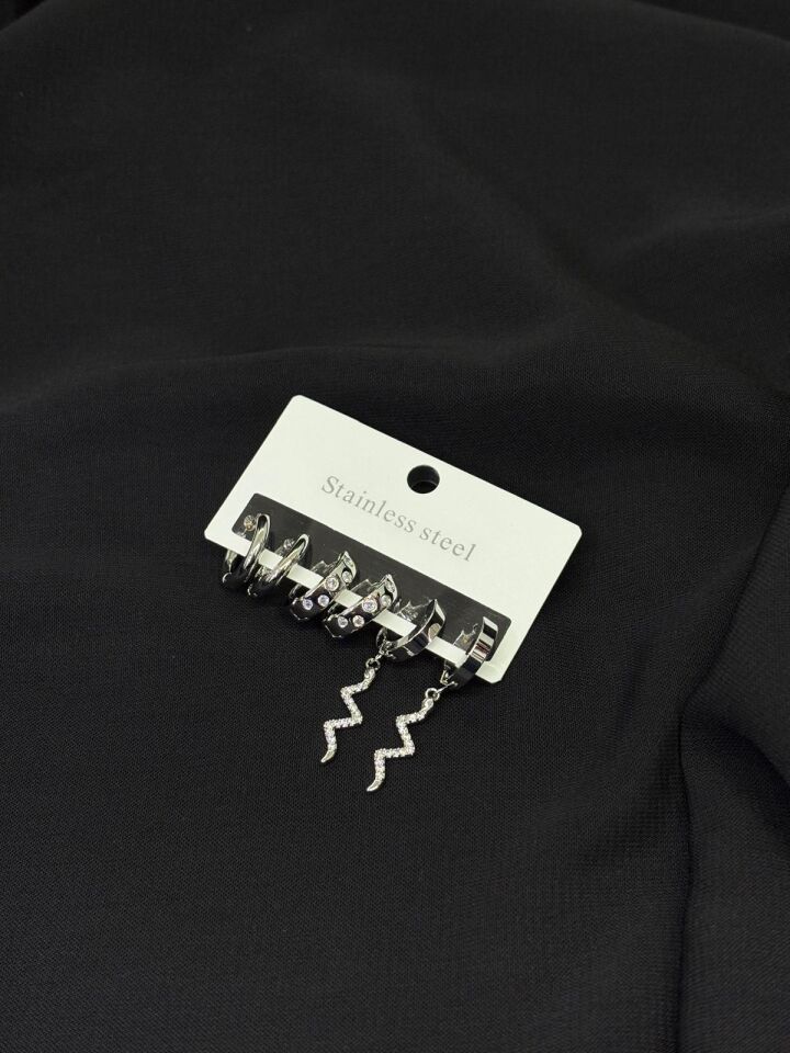 316L Çelik Gümüş Renk 6lı, Set Küpe