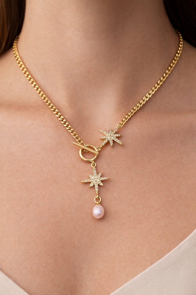 14K Gold Renk Kaplama Xuping Zirkon Taşlı Yıldız Kolye