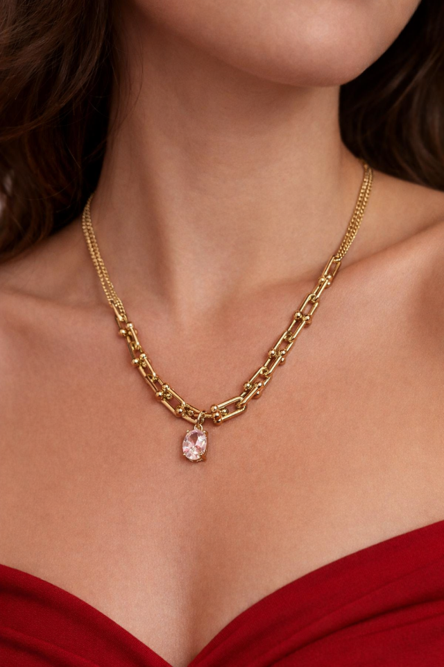 14K Gold Renk Kaplama Xuping Tek Taş Kolye