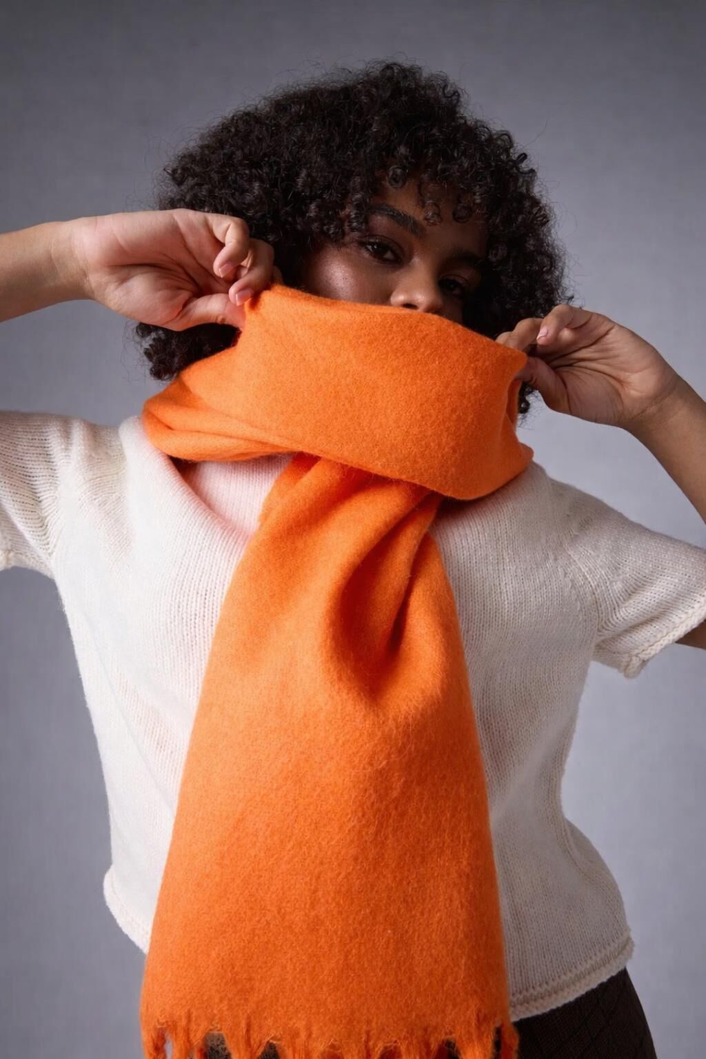 Yumuşak Dokulu Puffy Saçaklı Şal Atkı - Trend Kalın Kışlık Model turuncu