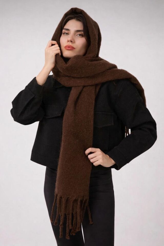 Yumuşak Dokulu Puffy Saçaklı Şal Atkı - Trend Kalın Kışlık Model kahverengi