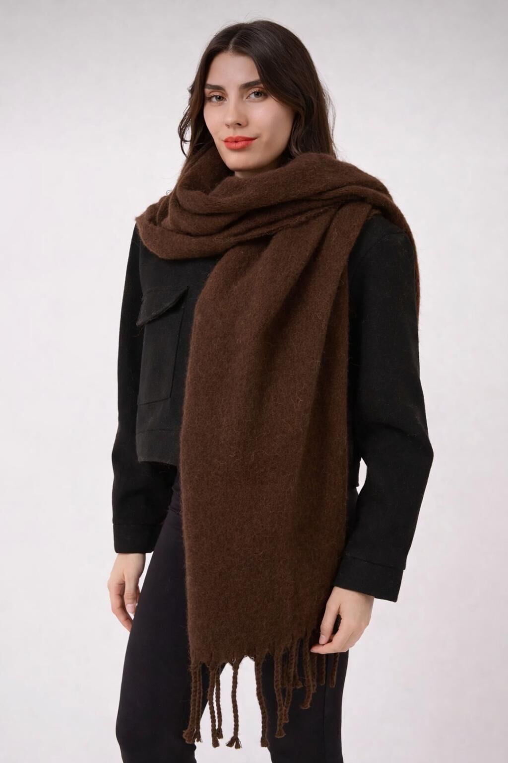 Yumuşak Dokulu Puffy Saçaklı Şal Atkı - Trend Kalın Kışlık Model kahverengi