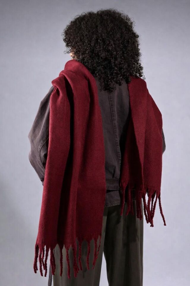 Yumuşak Dokulu Puffy Saçaklı Şal Atkı - Trend Kalın Kışlık Model bordo