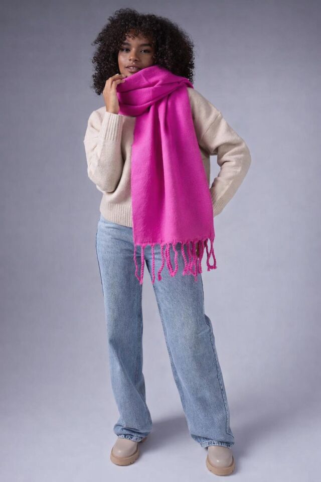 Yumuşak Dokulu Puffy Saçaklı Şal Atkı - Trend Kalın Kışlık Model pembe