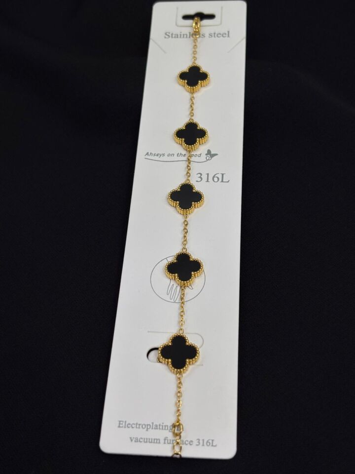 316L Çelik Gold Renk Siyah Yonca Bileklik