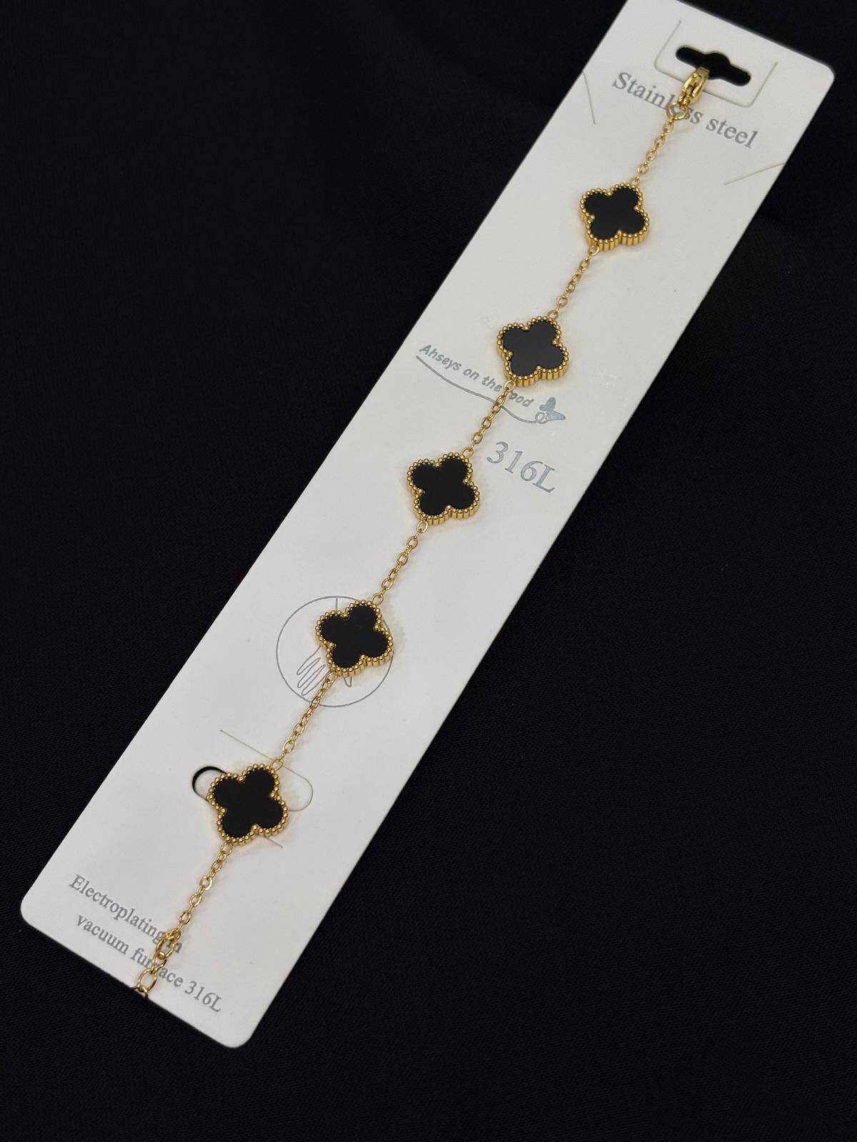 316L Çelik Gold Renk Siyah Yonca Bileklik