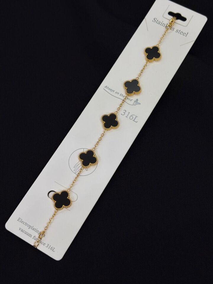 316L Çelik Gold Renk Siyah Yonca Bileklik