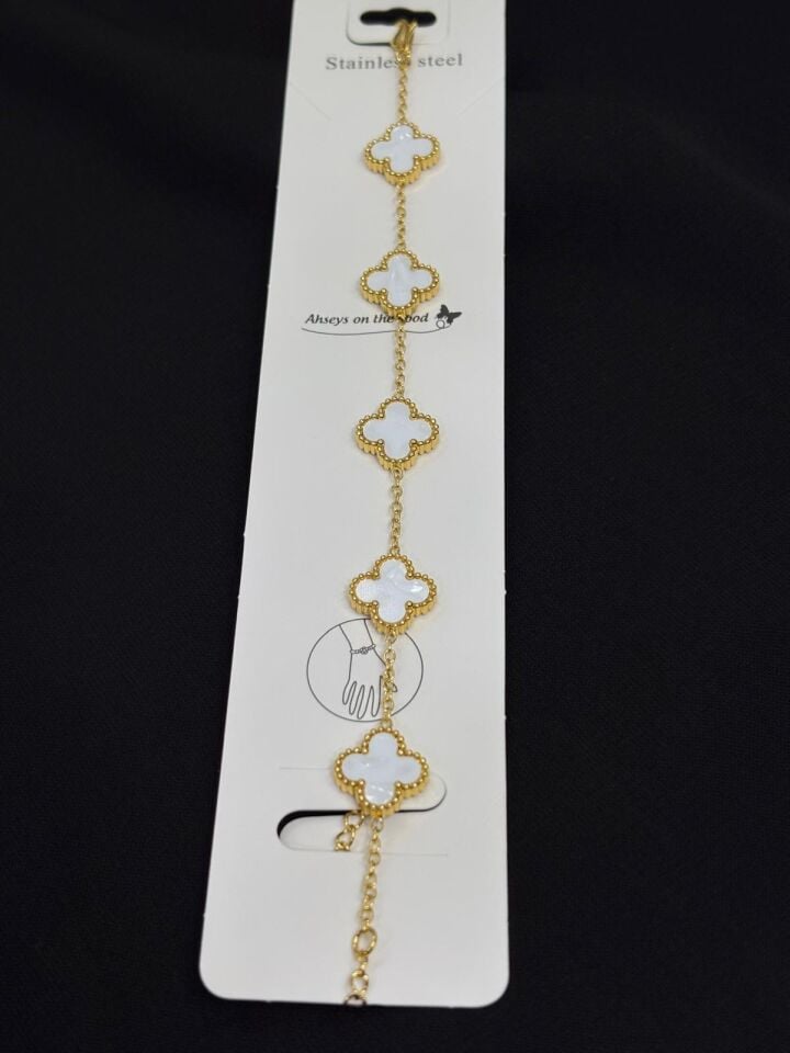 316L Çelik Gold Renk Yonca Beyaz Orta Boy Bileklik