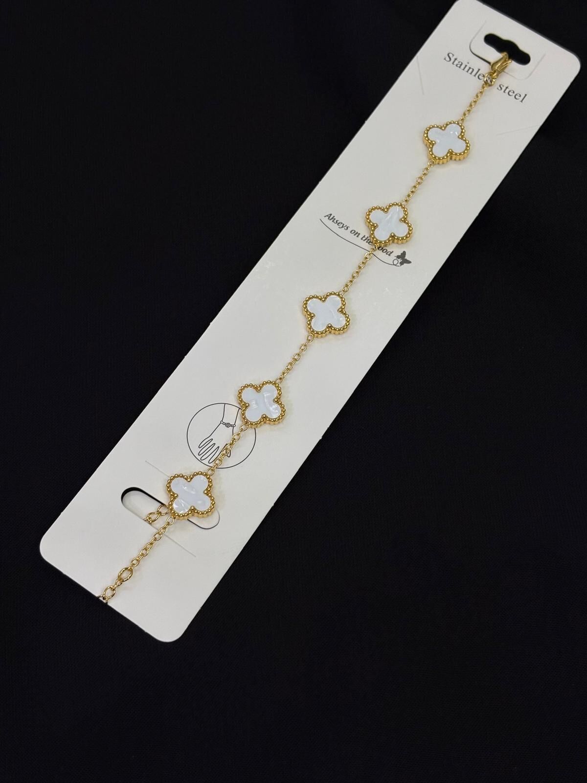 316L Çelik Gold Renk Yonca Beyaz Orta Boy Bileklik