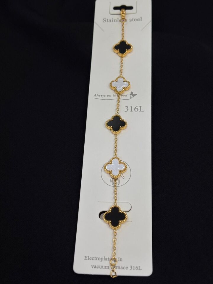 316L Çelik Gold Renk Yonca Siyah, Beyaz Orta Boy Bileklik