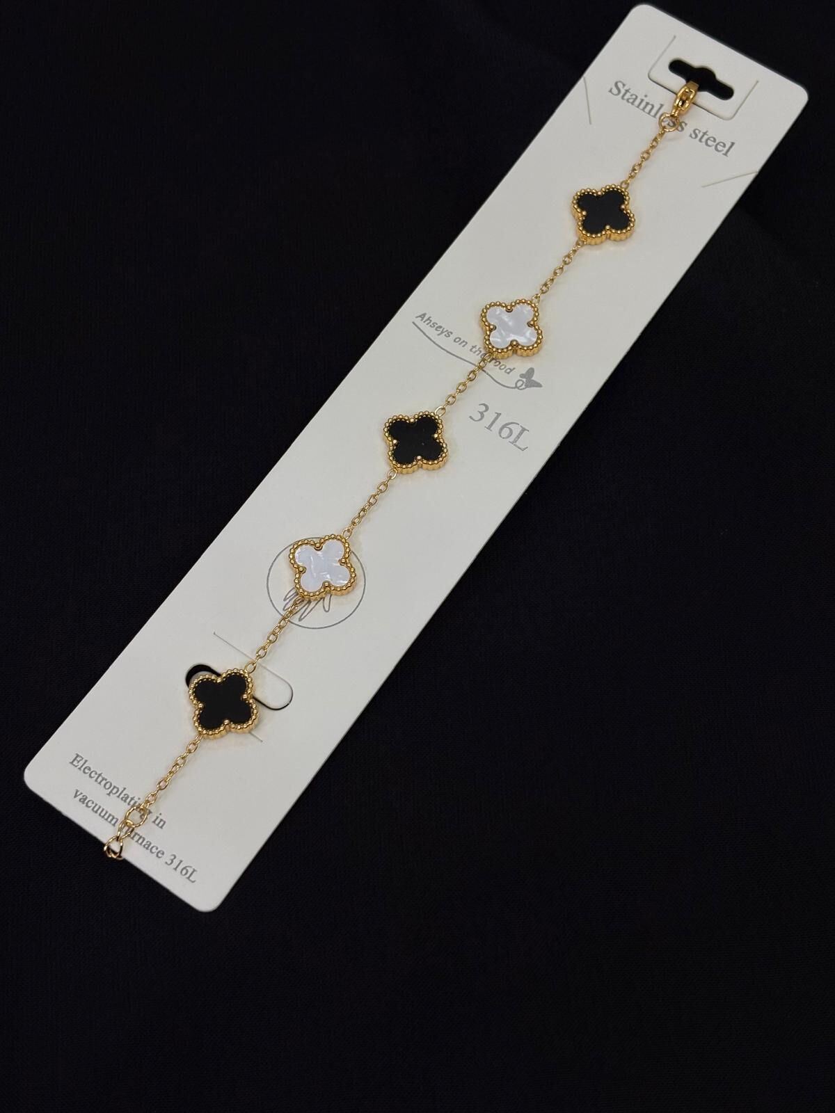 316L Çelik Gold Renk Yonca Siyah, Beyaz Orta Boy Bileklik