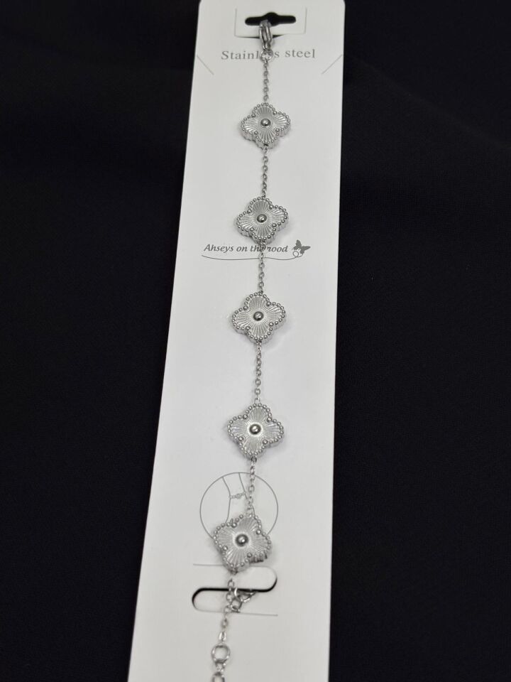 316L Çelik Gold Renk Yonca Gümüş Orta Boy Bileklik