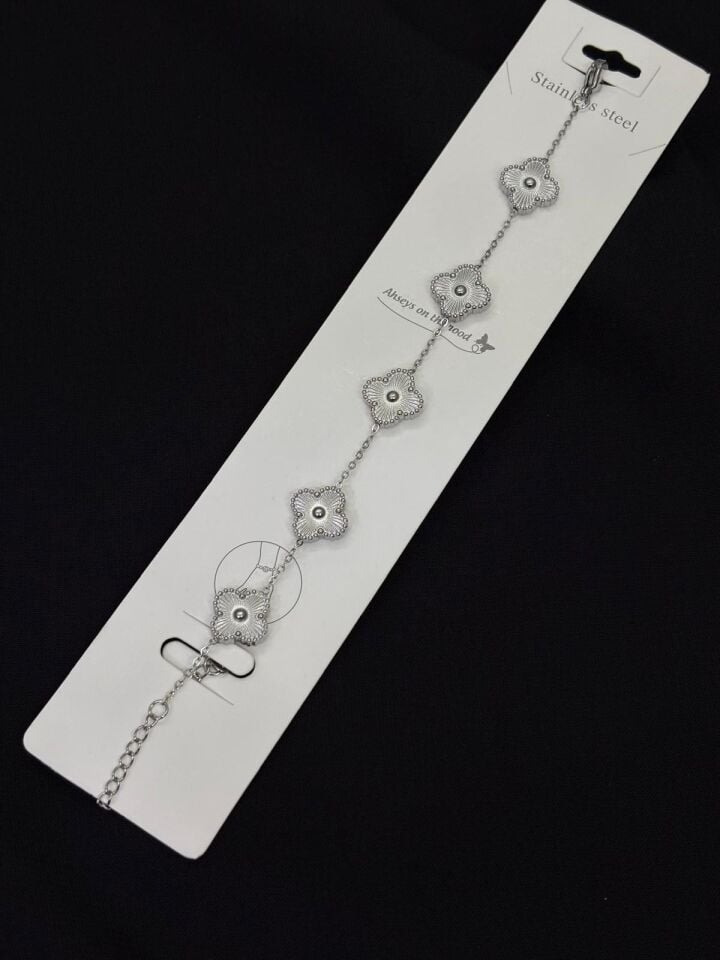 316L Çelik Gold Renk Yonca Gümüş Orta Boy Bileklik