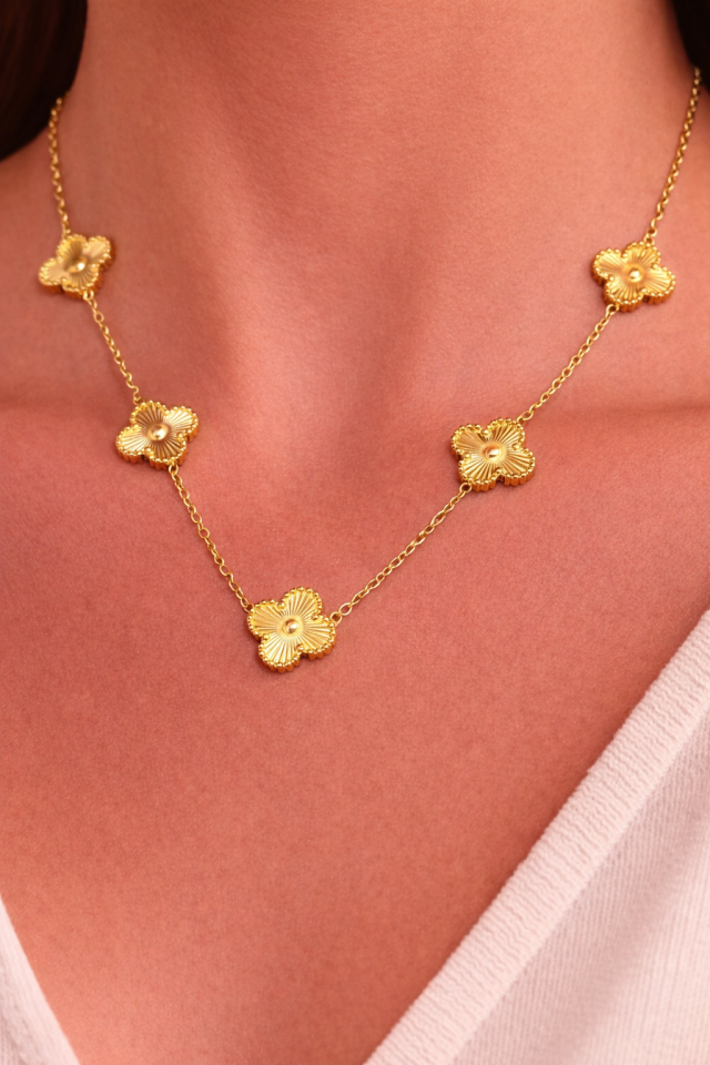 316L Çelik Gold Renk Yonca Gold Orta Boy Kolye