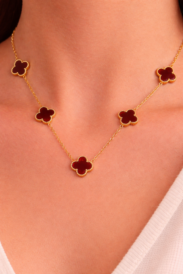 316L Çelik Gold Renk Yonca Bordo Orta Boy Kolye