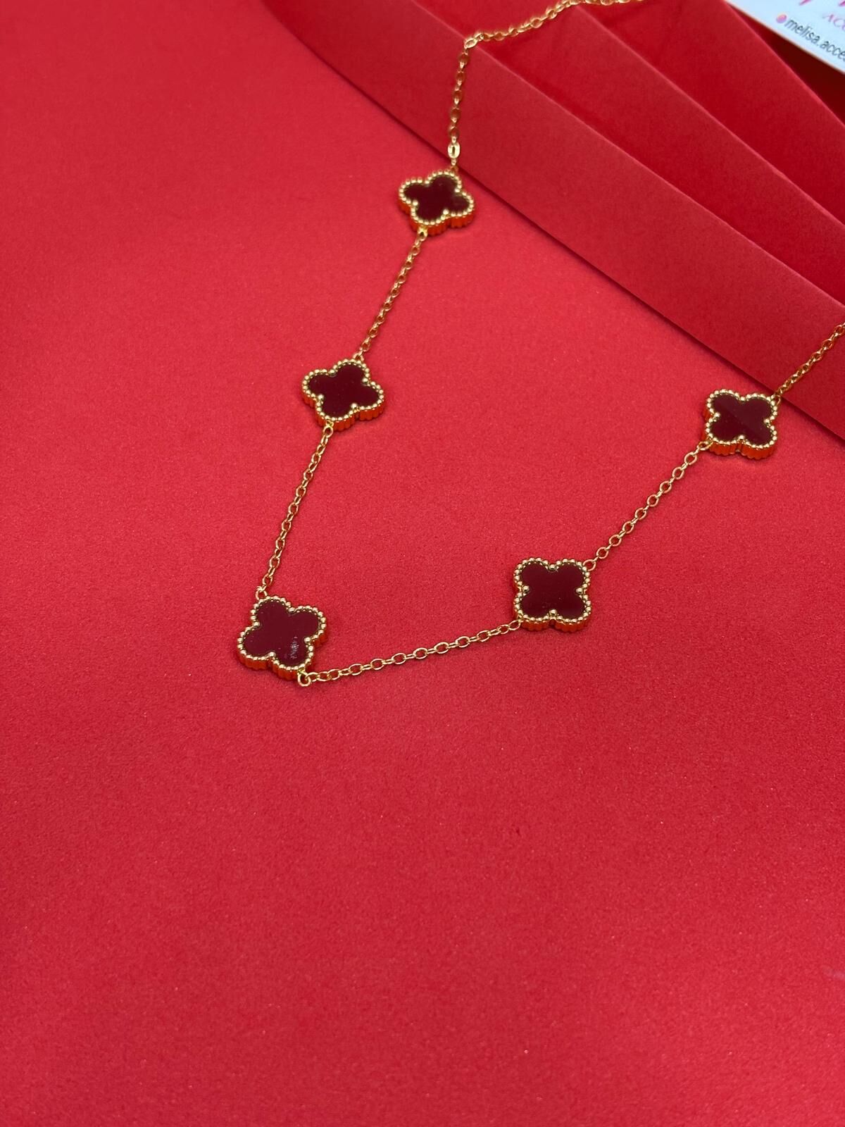 316L Çelik Gold Renk Yonca Bordo Orta Boy Kolye