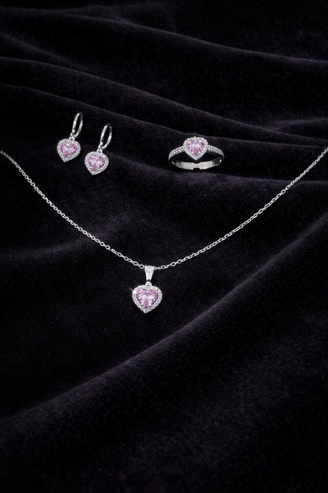 316L Çelik Gümüş Renk Pembe Taşlı Set