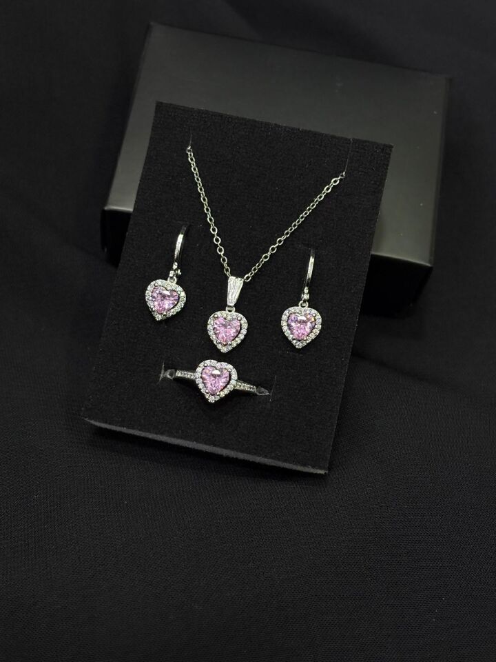 316L Çelik Gümüş Renk Pembe Taşlı Set