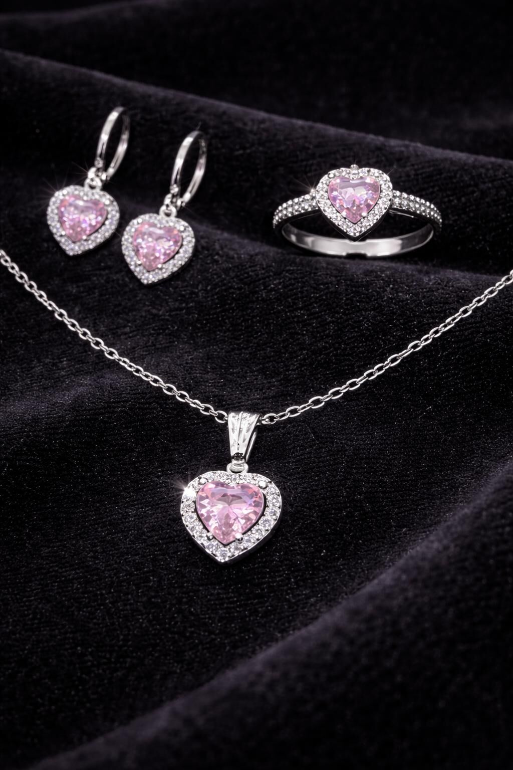 316L Çelik Gümüş Renk Pembe Taşlı Set