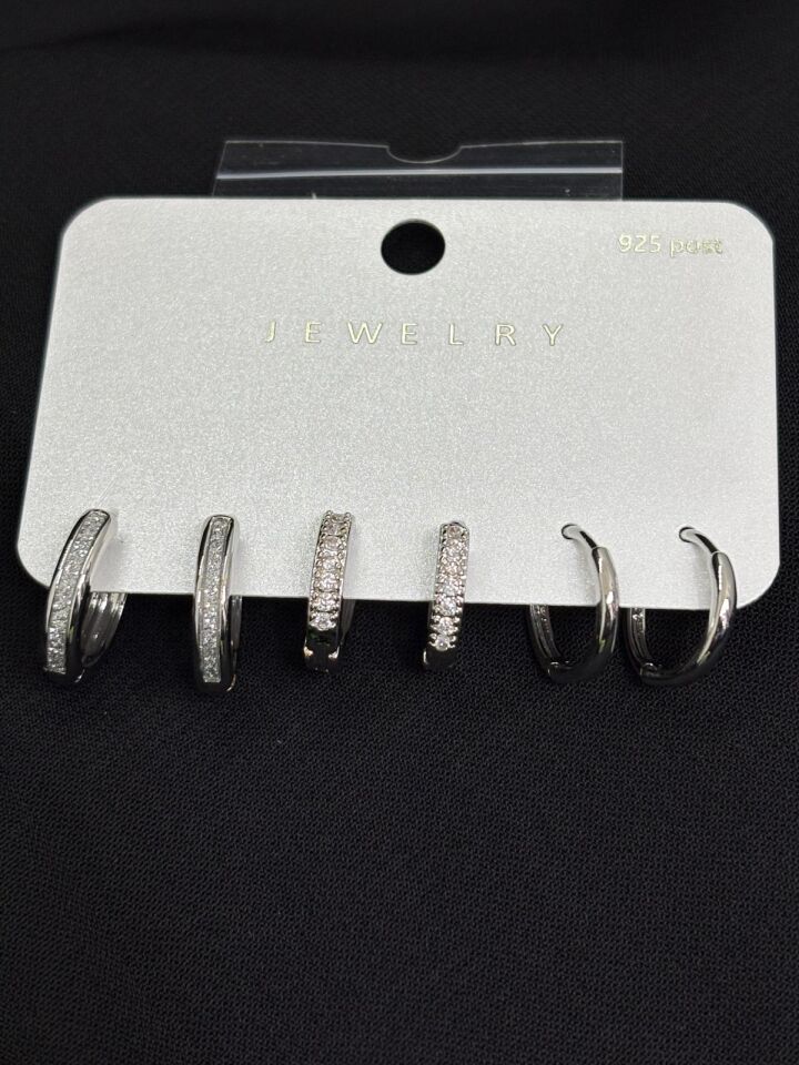 316L Çelik Jewelry Gümüş Renk 6lı Set Zirkon Taşlı Küpe