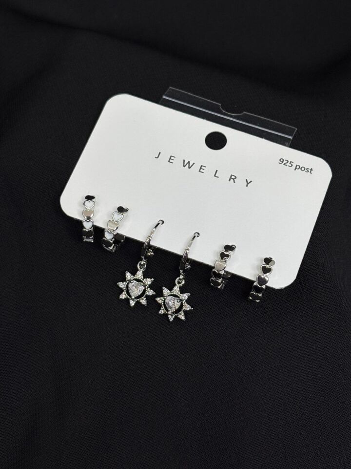 316L Çelik Jewelry Gümüş Renk Kalp 6lı Set Zirkon Taşlı Küpe