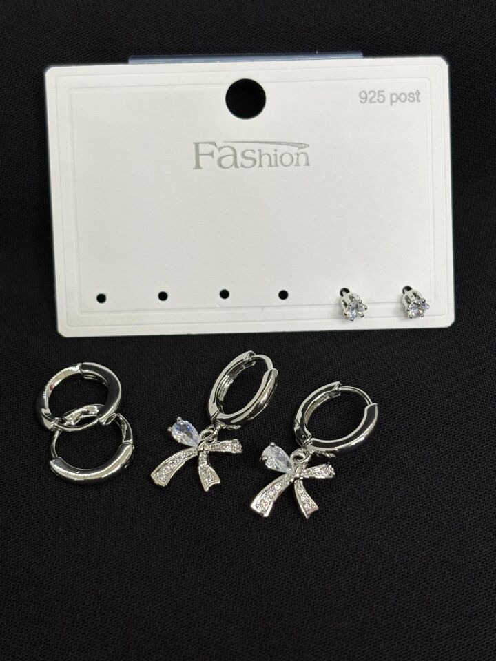 316L Çelik Jewelry Gümüş Renk Fiyonk 6lı Set Zirkon Taşlı Küpe