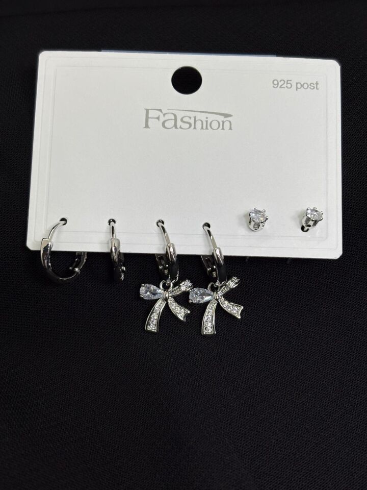 316L Çelik Jewelry Gümüş Renk Fiyonk 6lı Set Zirkon Taşlı Küpe