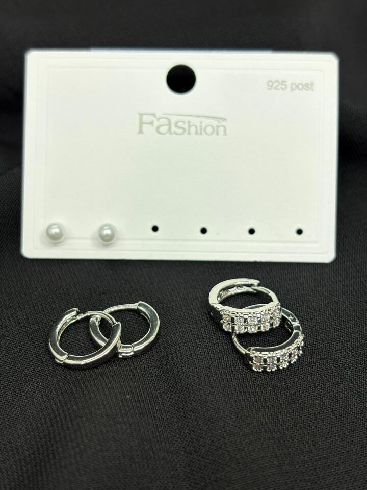 316L Çelik Jewelry Gümüş Renk 6lı Set Zirkon Taşlı Küpe