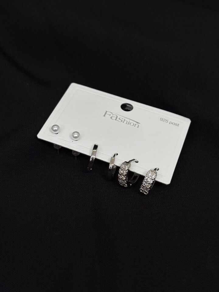 316L Çelik Jewelry Gümüş Renk 6lı Set Zirkon Taşlı Küpe