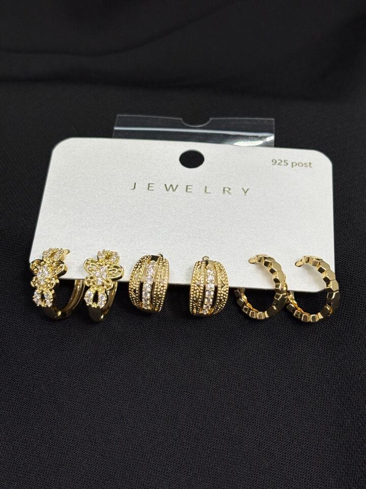 316L Çelik Jewelry Gold Renk 6lı Set Zirkon Taşlı Küpe