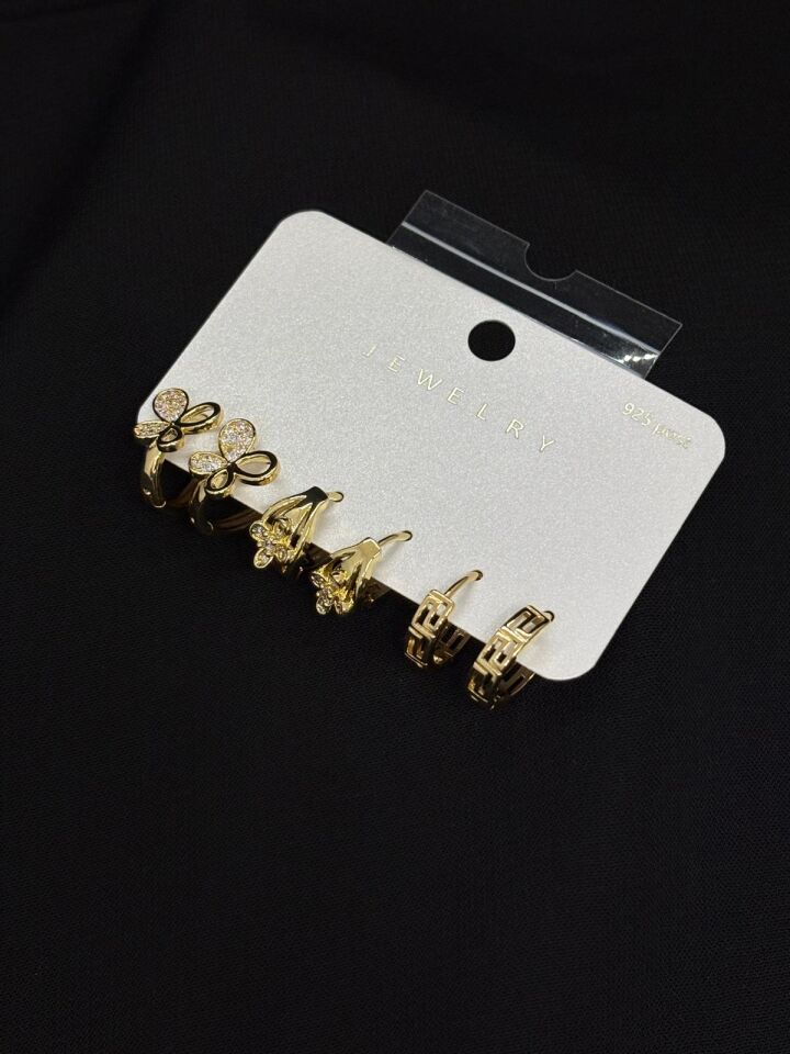 316L Çelik Jewelry Gold Renk 6lı Set Zirkon Taşlı Küpe