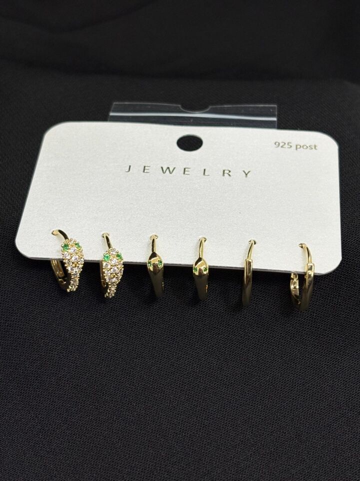 316L Çelik Jewelry Gold Renk 6lı Set Yılan Figürlü Zirkon Taşlı Küpe