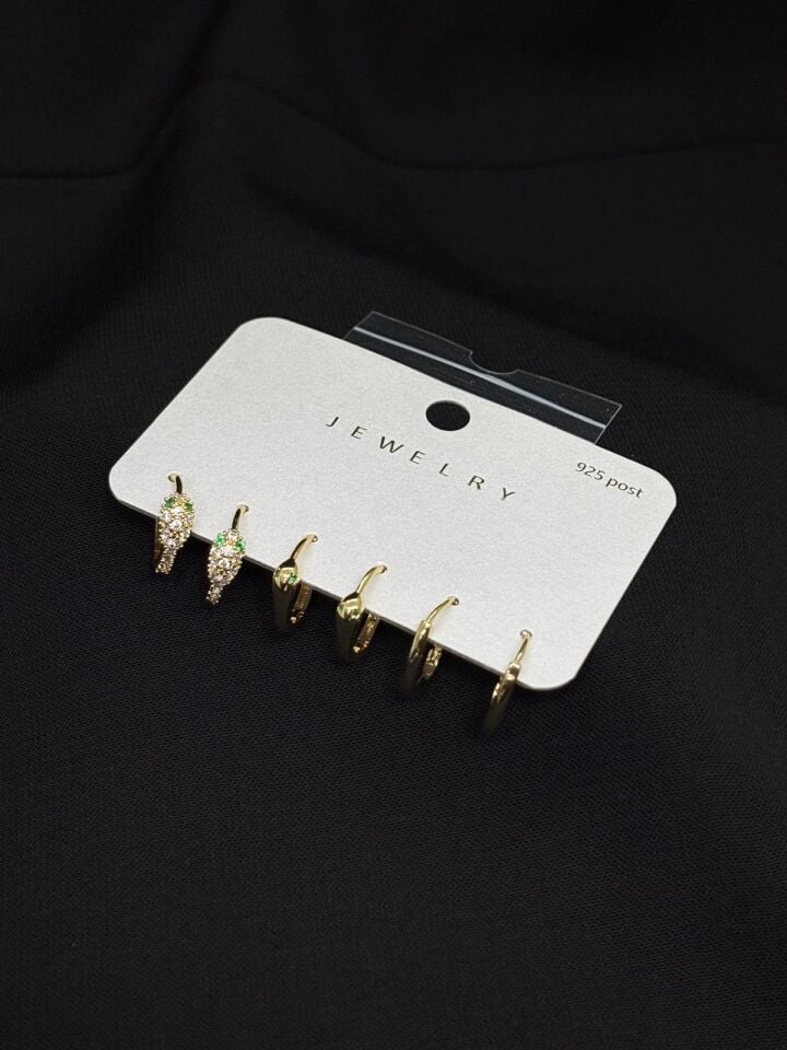 316L Çelik Jewelry Gold Renk 6lı Set Yılan Figürlü Zirkon Taşlı Küpe
