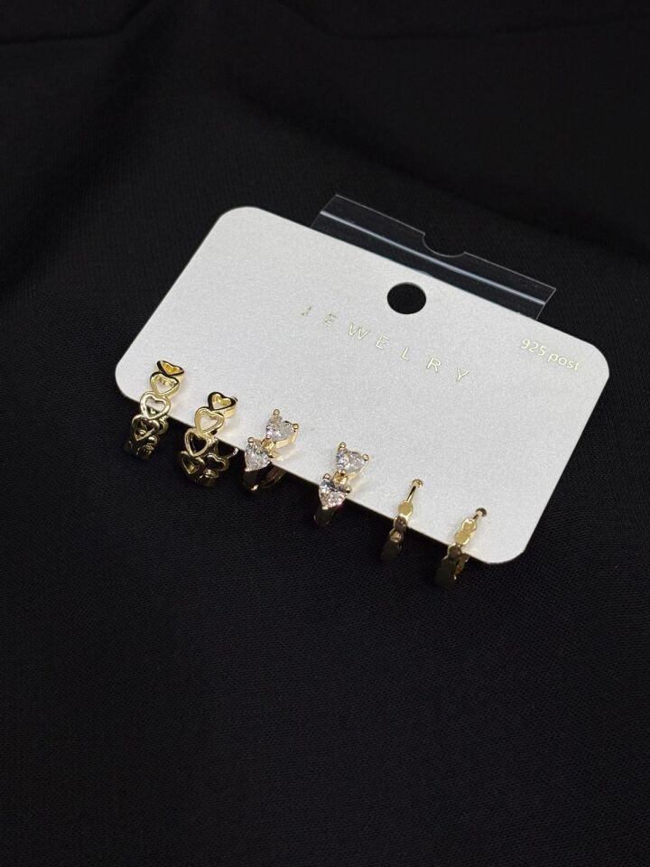 316L Çelik Jewelry Gold Renk 6lı Set Zirkon Taşlı Küpe