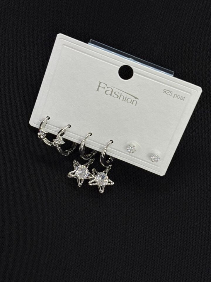 316L Çelik Jewelry Gümüş Renk 6lı Set Zirkon Taşlı Küpe