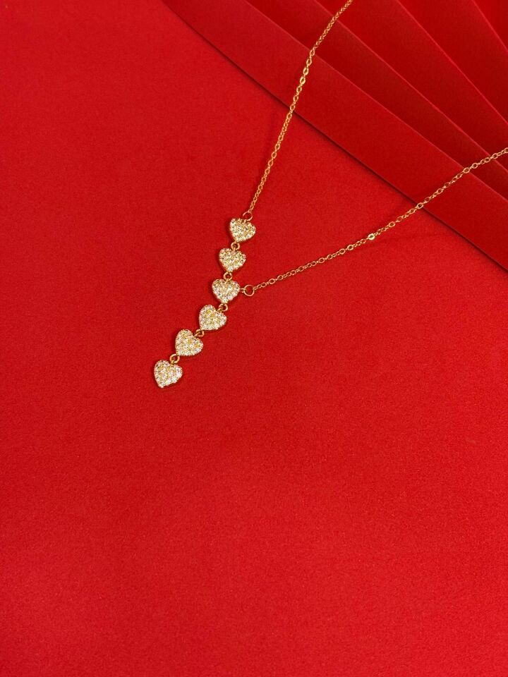 316L Çelik Gold Renk Kalp Zirkon Taşlı Y Kolye